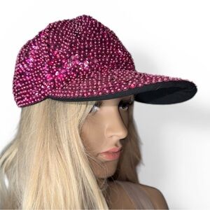 Vintage JC Pink Bead Sequin Hat Baseball Cap Made In USA One Size